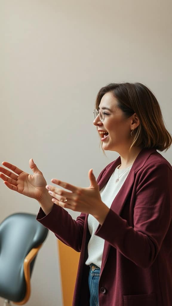A woman with glasses, smiling and using hand gestures while speaking.