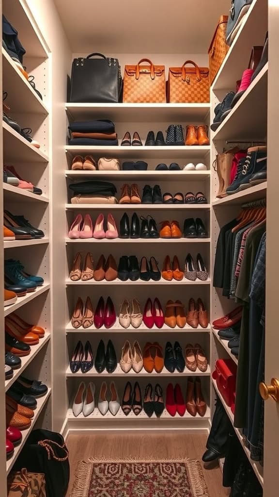 Organized small walk-in closet with multiple shelves filled with shoes and bags.