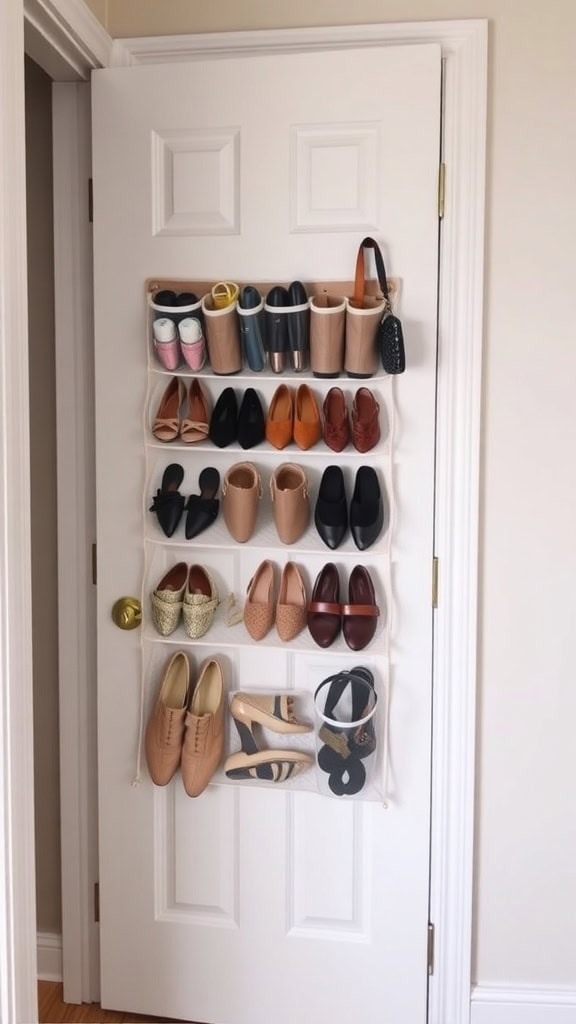 A door-mounted shoe organizer displaying various pairs of shoes in a neat arrangement.