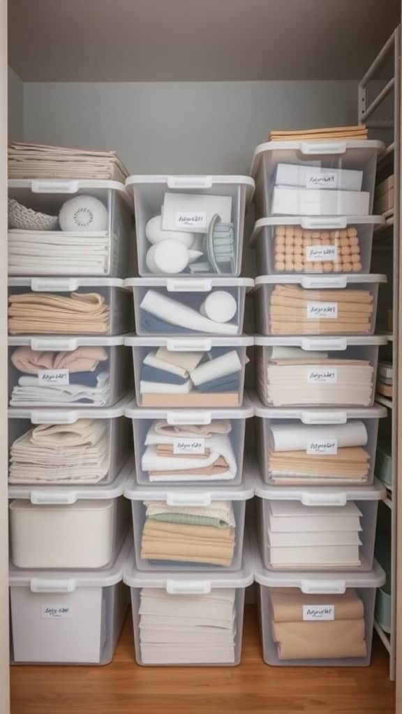 Organized closet with clear storage boxes neatly stacked and labeled.