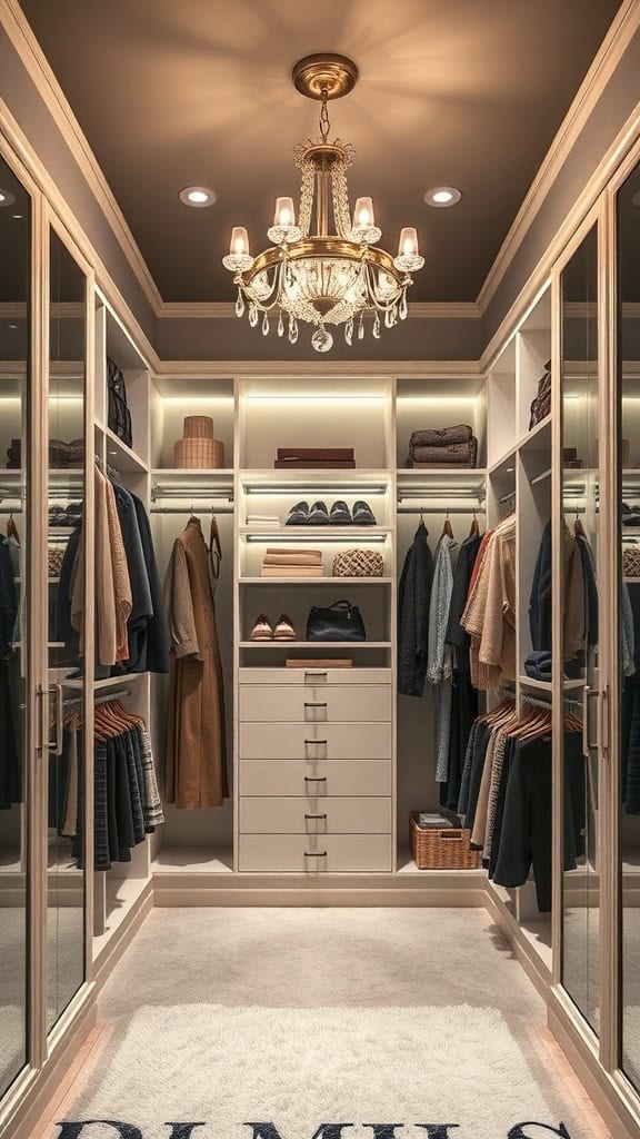 A small walk-in closet featuring a stylish chandelier and organized storage.