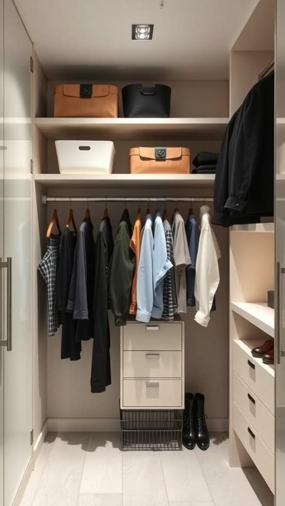 A modern closet with integrated lighting, featuring organized clothing, stylish bags, and storage boxes.