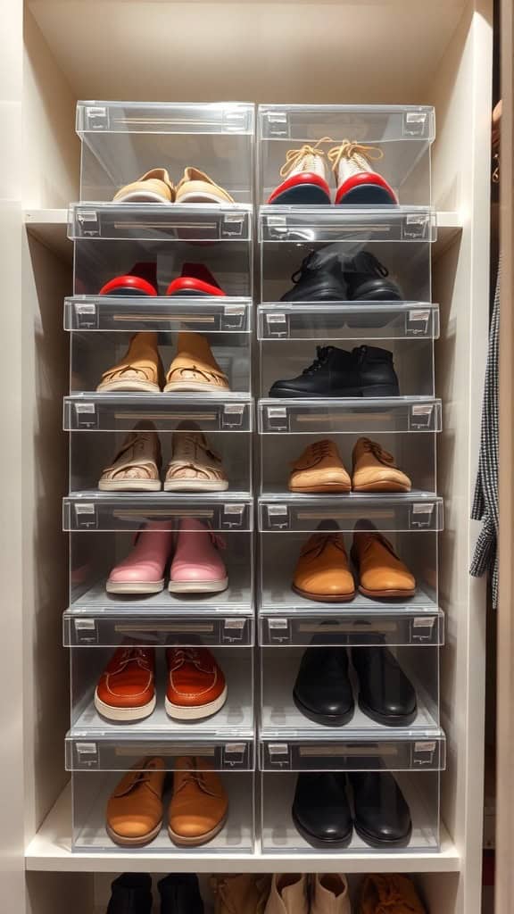 A neatly organized shoe storage unit with clear boxes displaying various pairs of shoes.