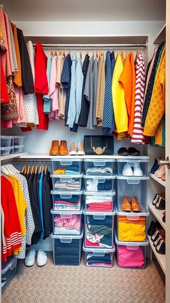 A small walk-in closet with colorful clothes hanging and clear storage bins filled with folded garments.