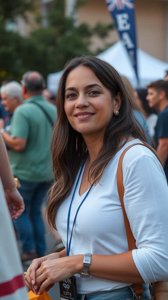 A woman at a rally holding a sign that says 'LOVE WHER HOPE' while speaking into a microphone.
