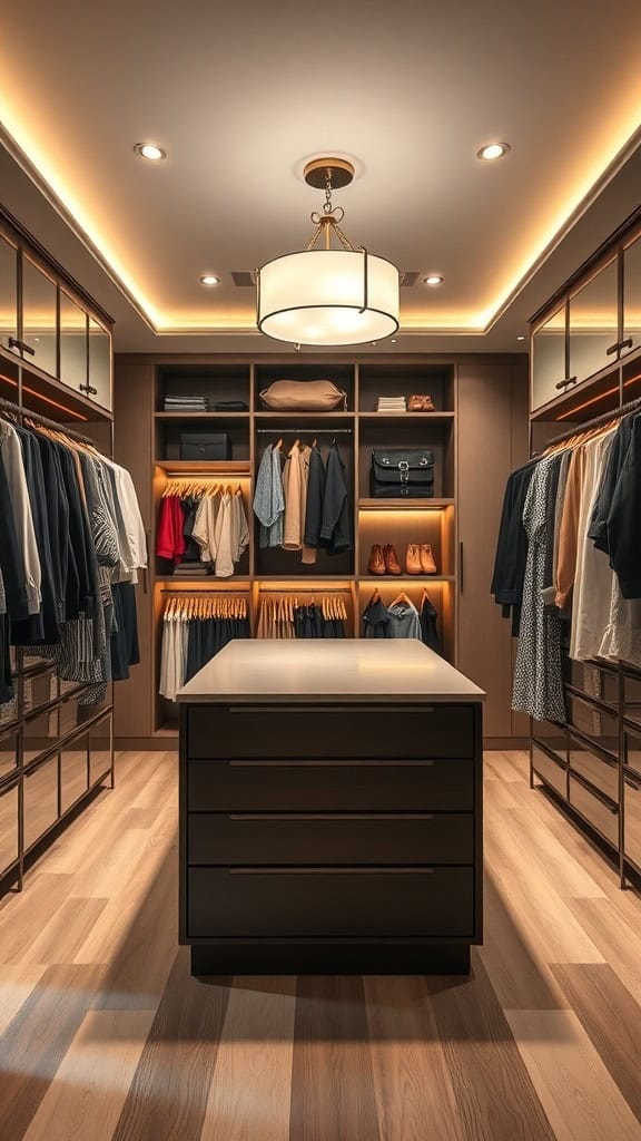 A modern walk-in wardrobe featuring an island in the center, surrounded by organized clothing and accessories.