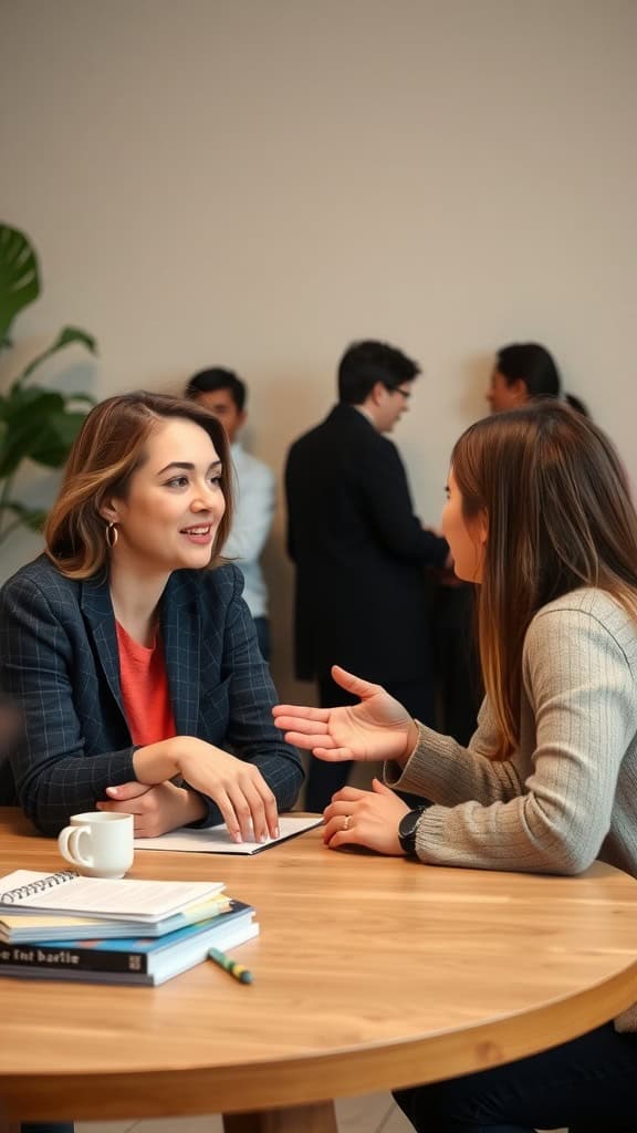 Two women engaged in a conversation at a round table, demonstrating respectful communication.