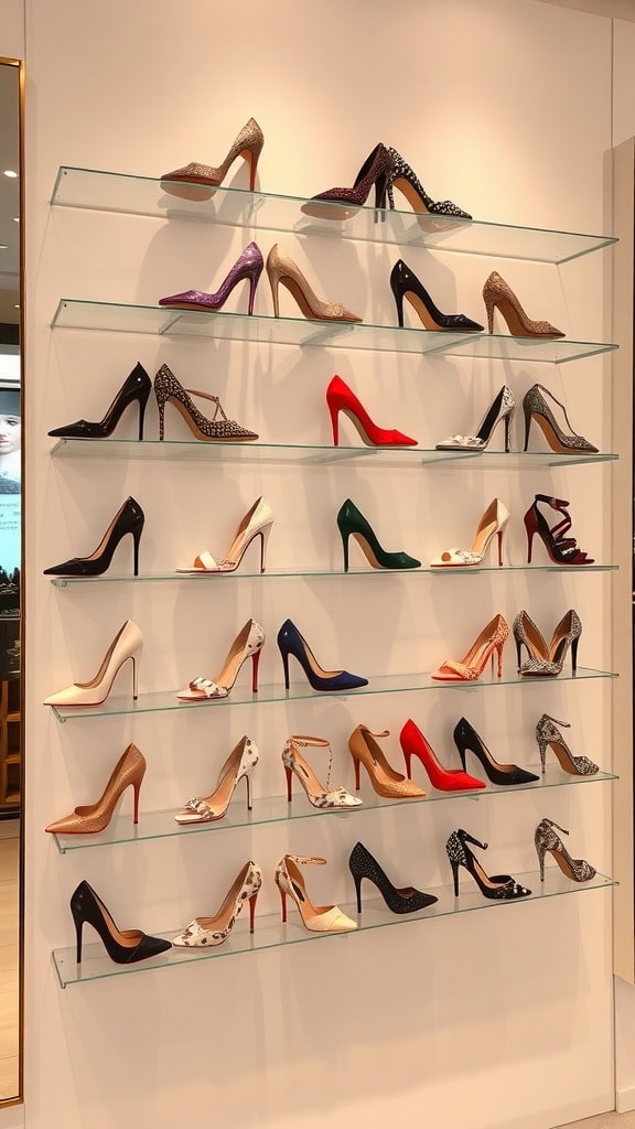 A wall-mounted shoe display featuring various high heels on glass shelves.