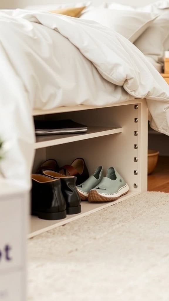 Under-bed storage with shoes organized on a shelf