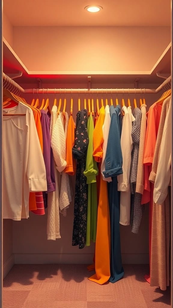 A color-coded small walk-in closet with various garments arranged by color.