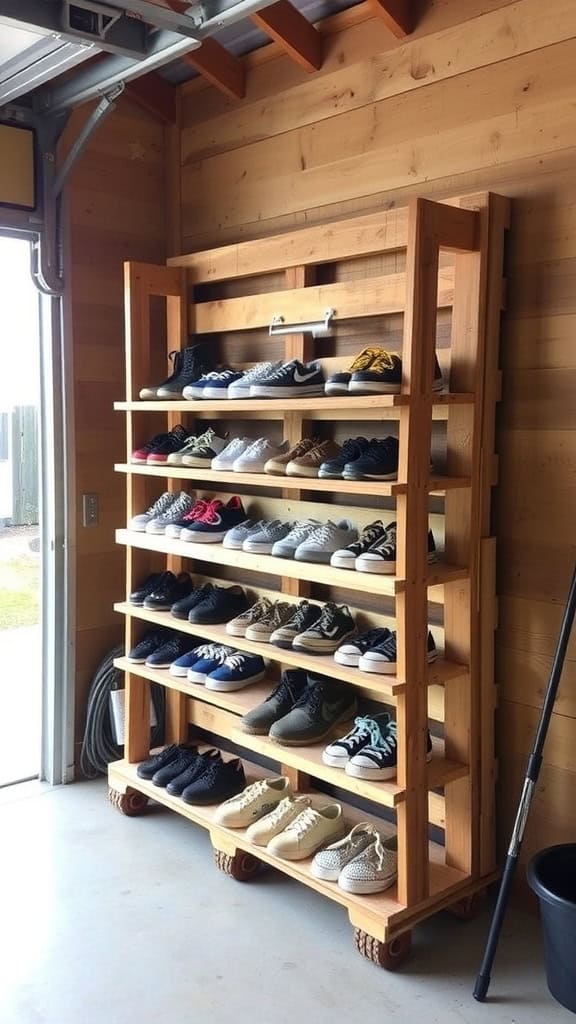 A wooden pallet shoe rack displaying various pairs of shoes in a garage setting.