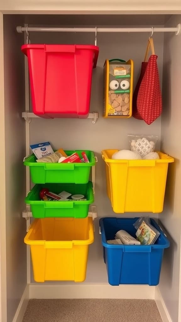 Colorful hanging storage bins in a closet, showcasing organization and space-saving solutions.