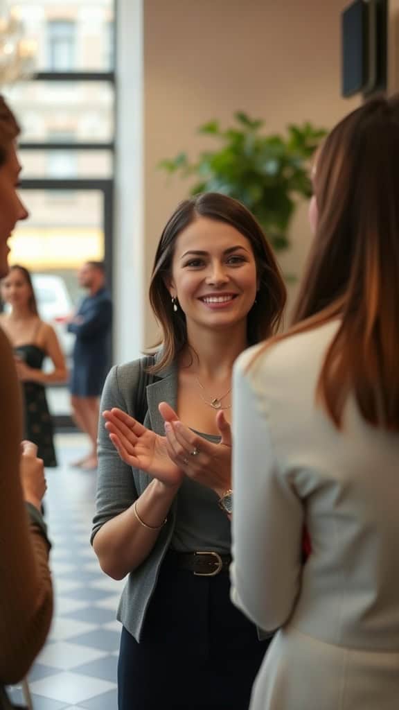 A woman smiling and engaging in conversation with others, showcasing graciousness and politeness.