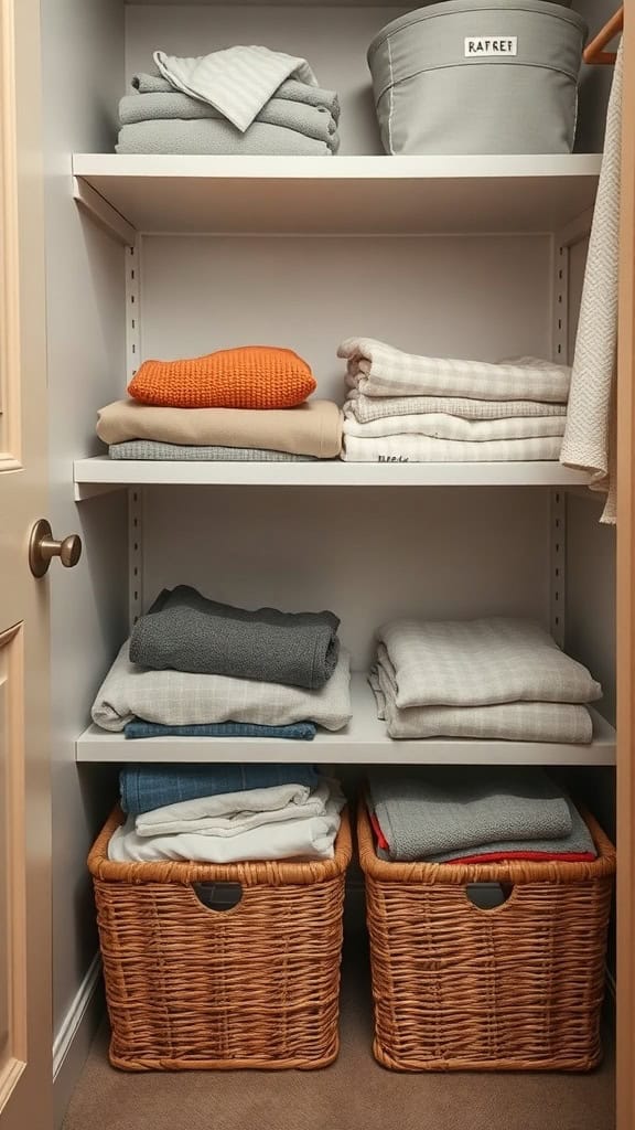 Neatly organized closet with under-shelf baskets holding towels and blankets.