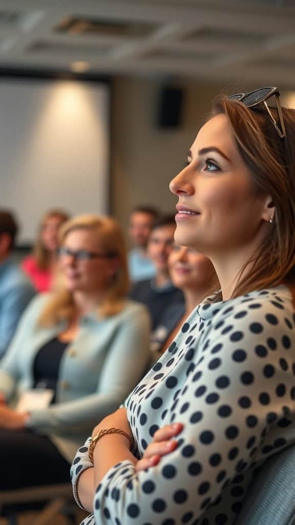 A woman with a thoughtful expression, listening attentively in a seminar, surrounded by a group of people.