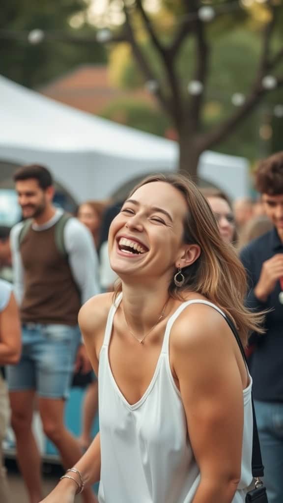 A woman laughing joyfully in a crowd, showcasing a genuine smile.