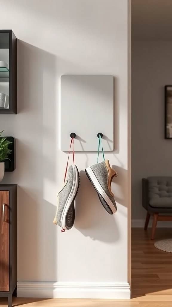 A pegboard with various shoes hanging on hooks, showcasing a modern magnetic shoe storage solution.