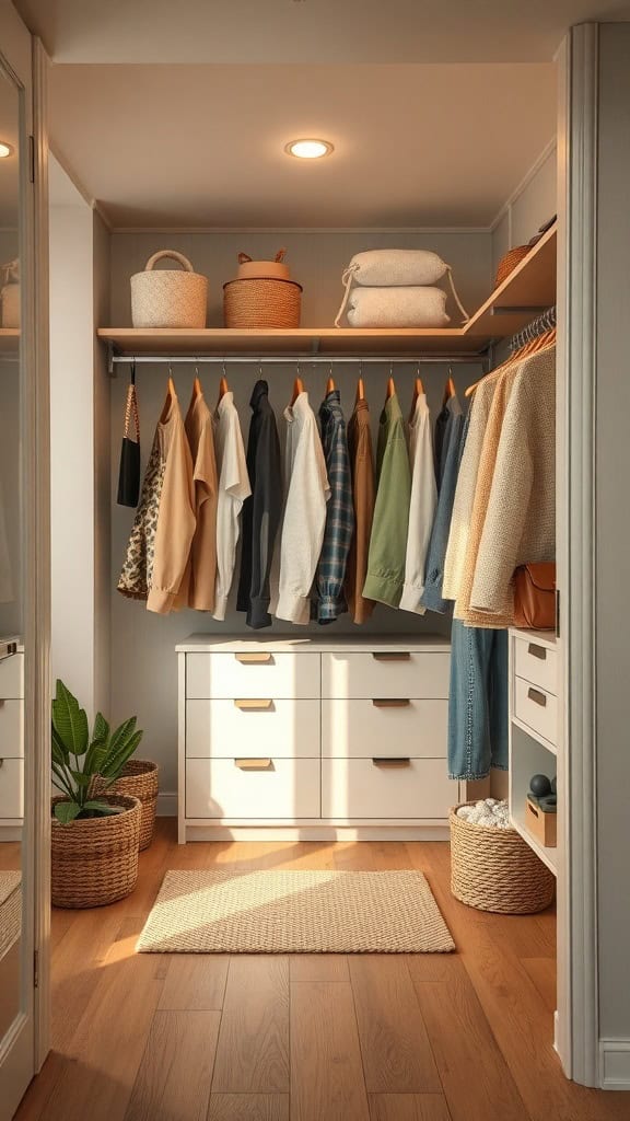 A well-organized eco-friendly closet featuring hanging clothes, natural baskets, and a plant.