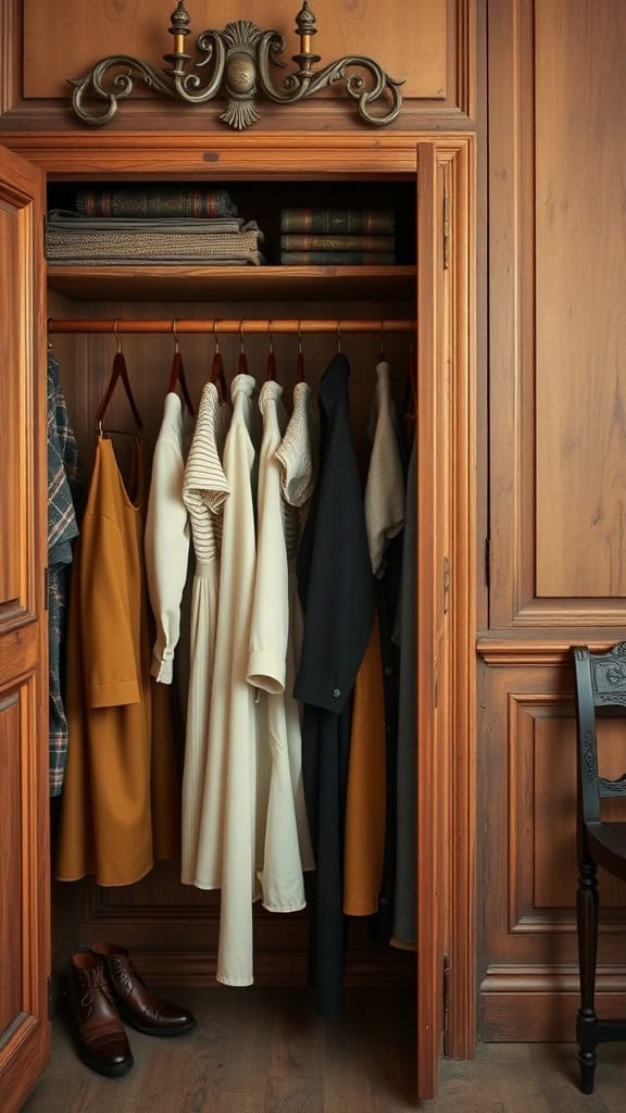 A vintage style closet with antique fixtures, showcasing neatly hung garments and brown shoes at the bottom.