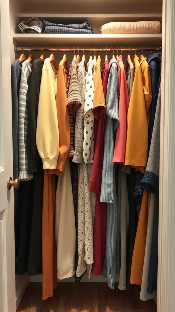 A neatly organized closet with various sweaters hanging and shoes on the floor.