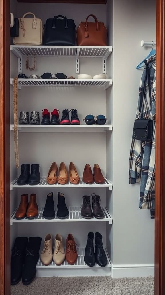 Organized closet with vertical shelves displaying shoes and bags