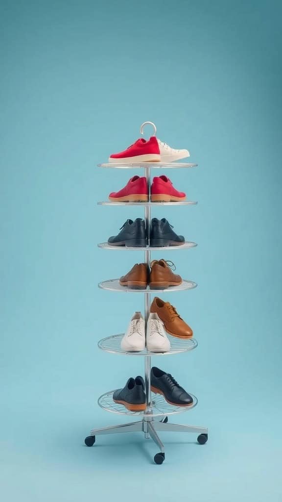 A rotating shoe rack filled with various styles of shoes in a closet.