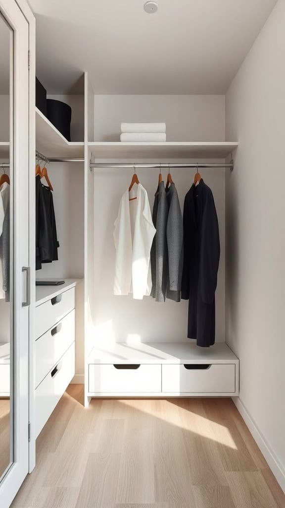 A minimalist closet design featuring open shelving, neatly hung clothes, and tidy drawers.