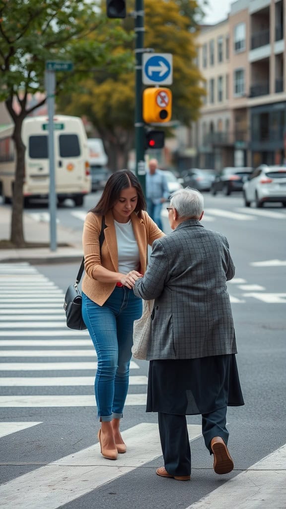 A young woman helping an elderly lady cross the street.
