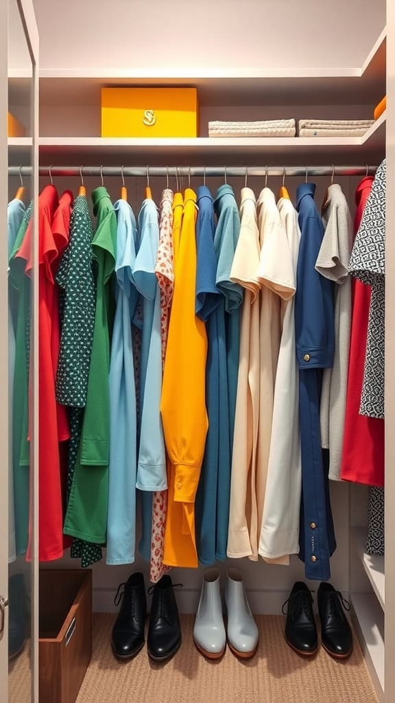 A closet with color-coded clothing organized by shades, featuring a variety of shirts and neatly arranged shoes.