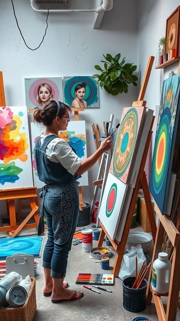 A person painting in a colorful studio with various artworks displayed on the walls.