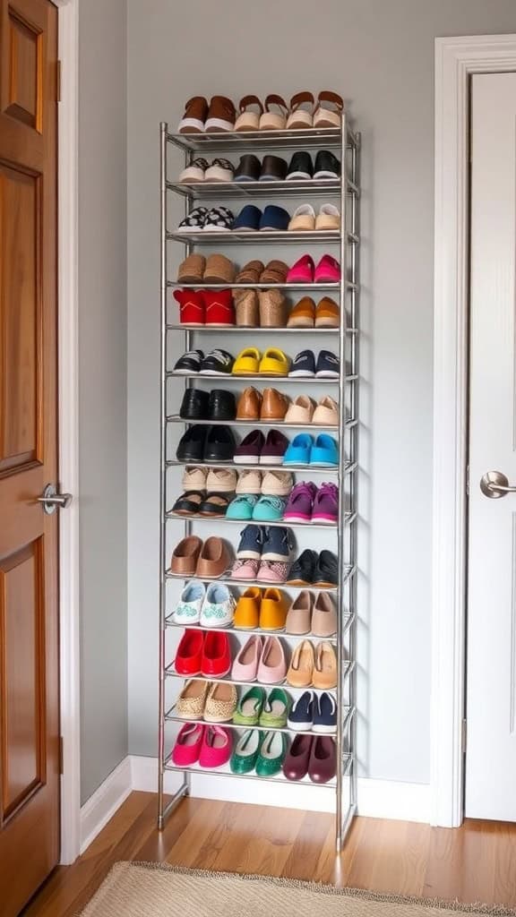 A tall vertical shoe rack filled with various colorful shoes, set against a light gray wall.