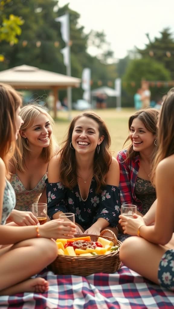 A group of friends laughing and enjoying a picnic on a sunny day.