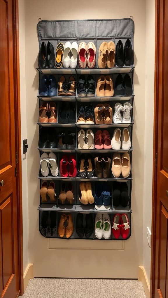 A hanging over-the-door shoe organizer filled with various pairs of shoes.