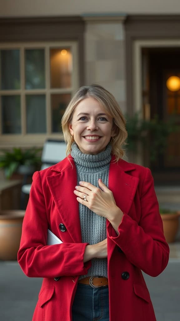 A woman smiling in a red coat, showcasing confidence and approachability.