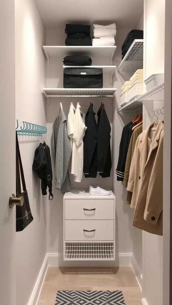 A narrow closet featuring vertical storage with shelves, hanging clothes, and a drawer unit.
