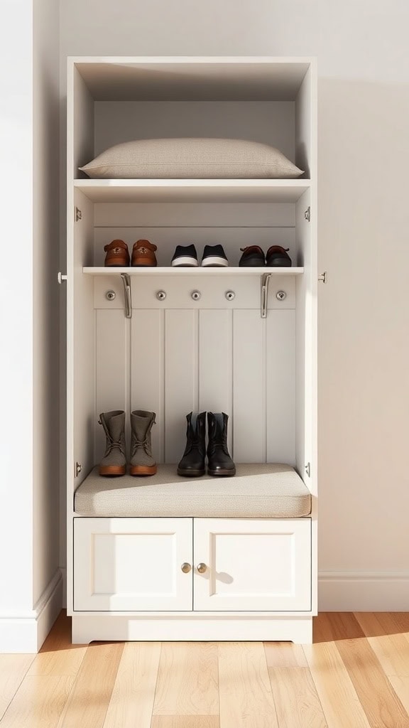 A white shoe cabinet with seating, featuring various shoes and a cushion on top.