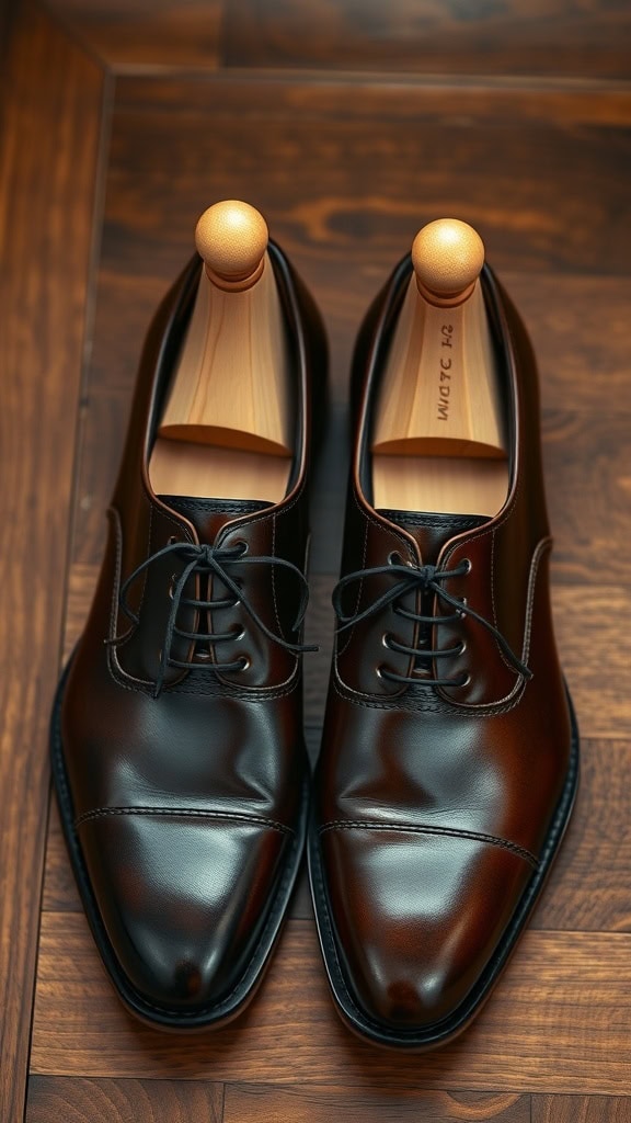 A pair of polished leather shoes with wooden shoe trees inserted