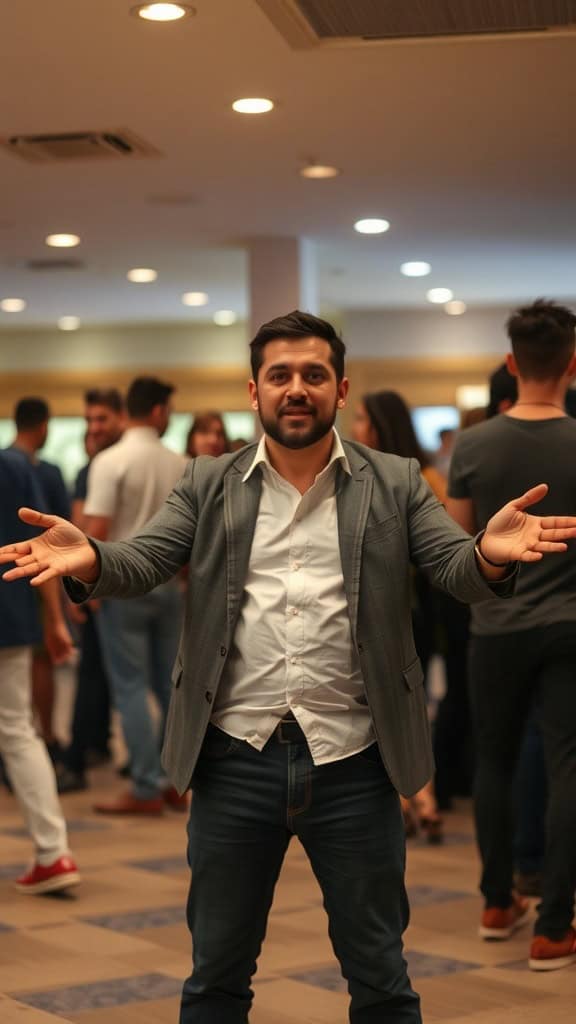 A confident man with open arms in a social setting.