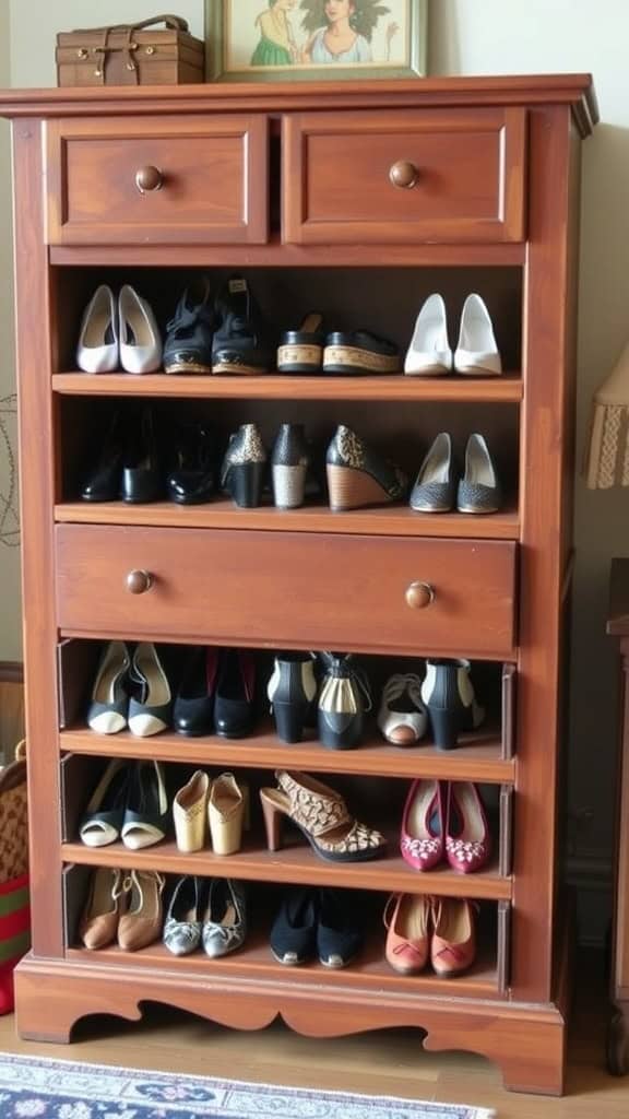 A wooden cabinet repurposed for shoe storage, featuring an upper shelf with shoes and three drawers below.