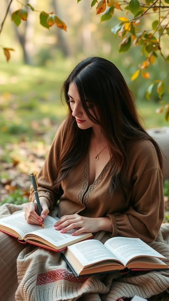 A woman writing in a book while sitting outdoors surrounded by nature.
