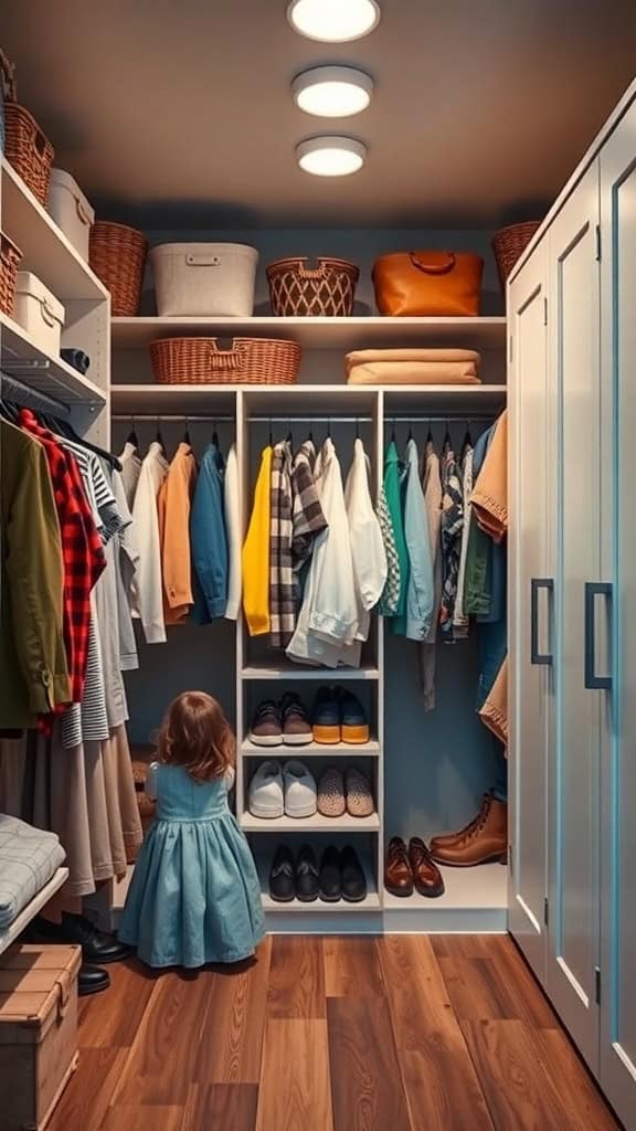 A family closet with organized clothing, shoes, and baskets, featuring a child exploring the space.