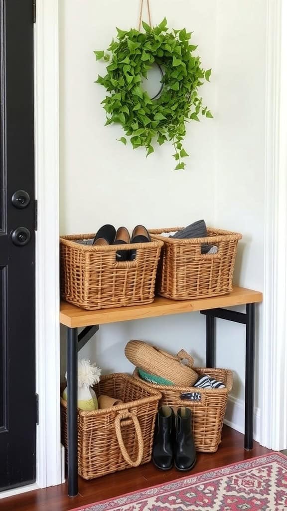 A cozy entryway featuring woven baskets for shoe storage, with a wooden bench and decorative elements.