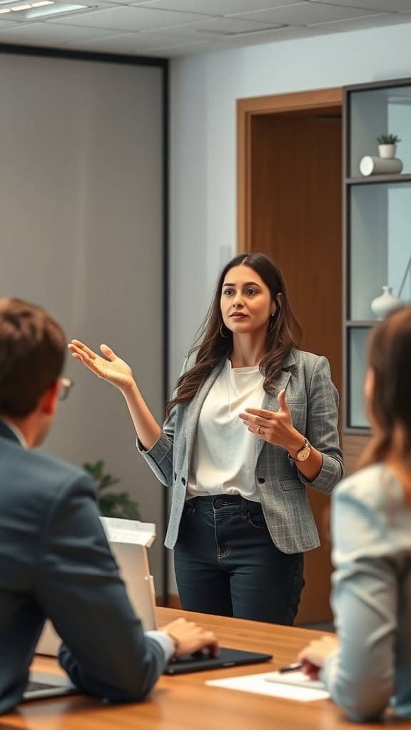 A woman confidently presenting in a meeting, showcasing decision-making skills.