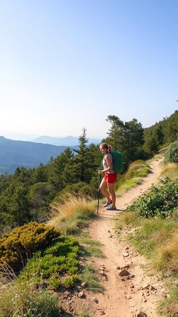 A person hiking on a scenic trail with a backpack and walking stick.