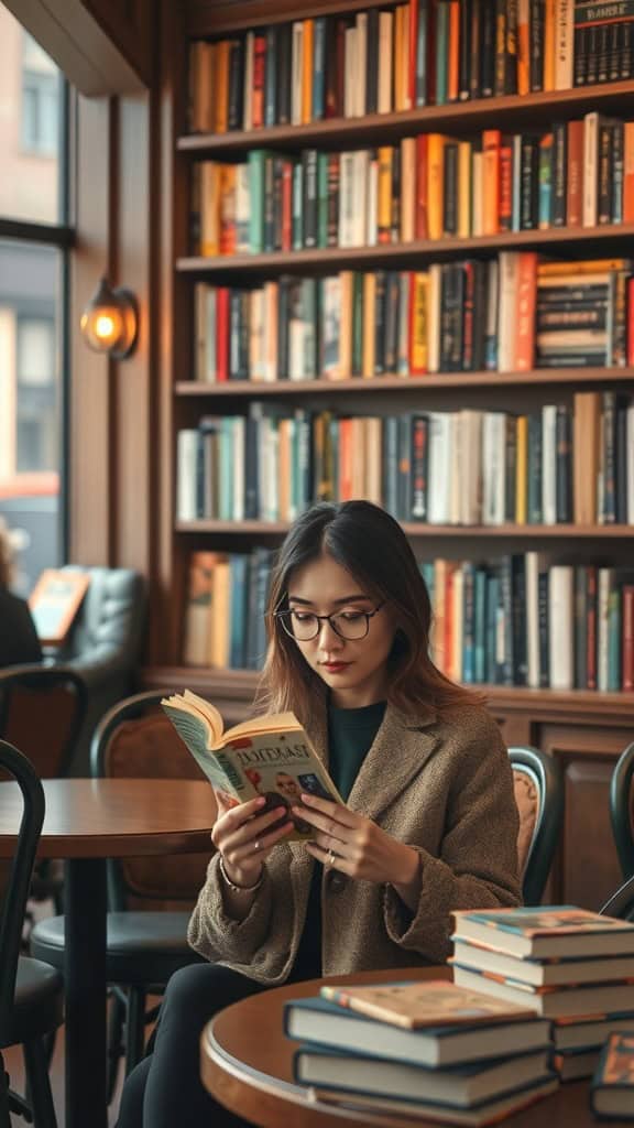 A woman reading a book in a cozy library setting with shelves of books in the background.