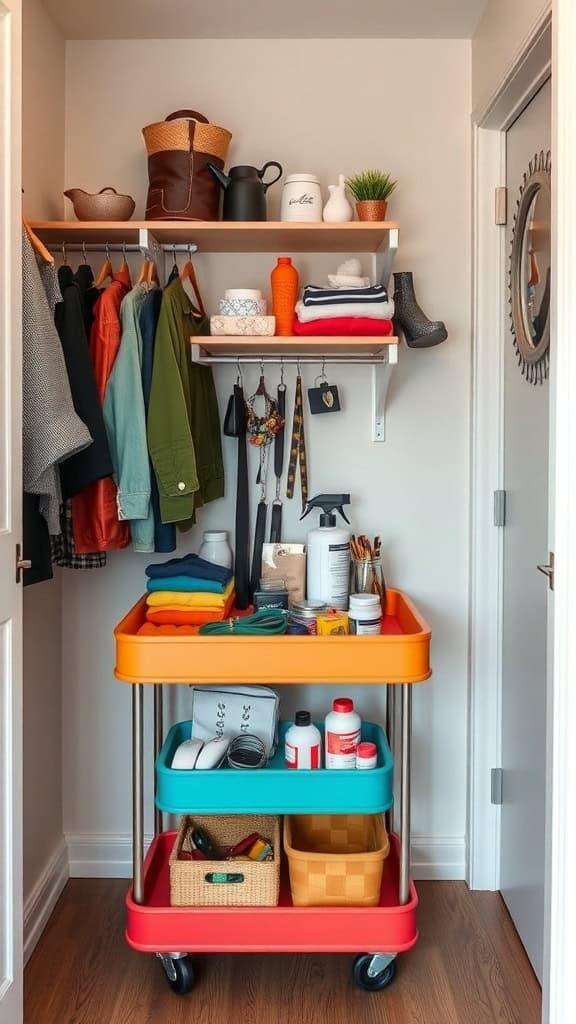 A colorful rolling cart in a small walk-in closet, filled with clothes and storage items.
