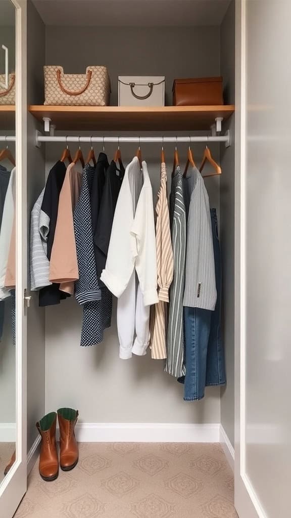 A small walk-in closet featuring a pull-down clothes rack with various tops and dresses hanging, along with a shelf above for storage.