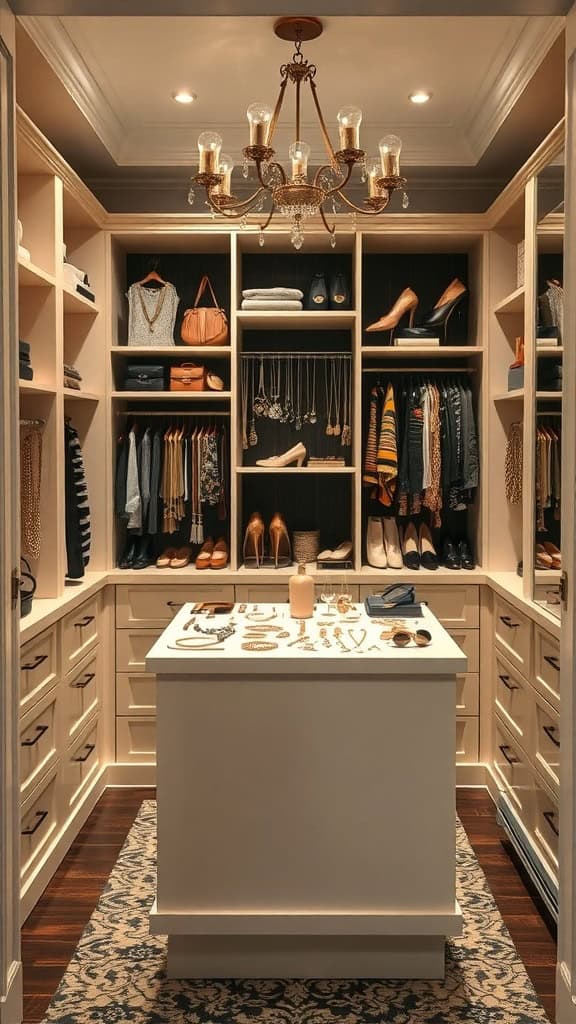 A stylish small walk-in closet featuring a central island for accessories, elegant lighting, and organized shelves.