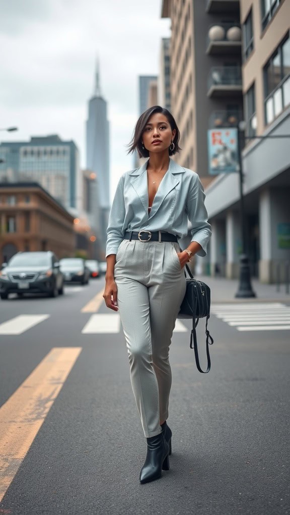 A person walking confidently in a stylish outfit on a city street