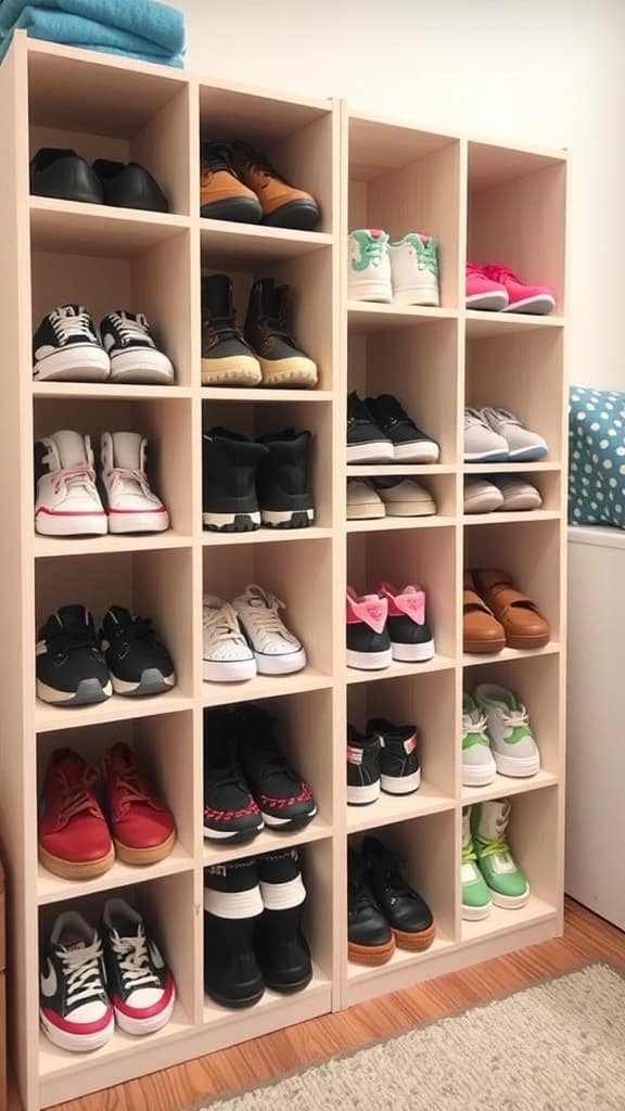 A cubby storage unit filled with various pairs of shoes, showcasing an organized and colorful display.